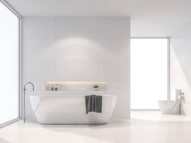 Modern beyaz banyo 3d render. Beyaz çini duvar ve zemin vardır. Oda büyük pencereler vardır. Güneş ışığı parlıyor odasına.