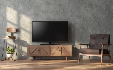 3d render ile tarzı oturma odası çatı. Cilalı beton duvar ve ahşap zemin bulunmaktadır. Ahşap mobilyalarla döşenmiş. Tv ekranında bir kırpma yolu yoktur.