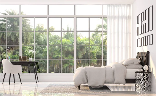 Luxuly Yatak Odası Palm Bahçe Manzaralı Render Ile Odalar Beyaz — Stok fotoğraf