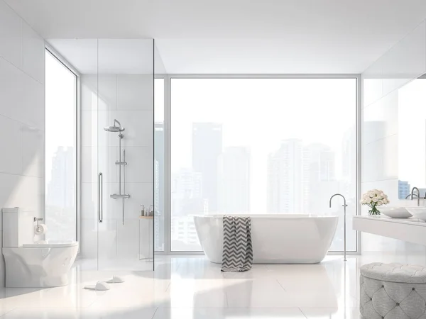 Modern beyaz banyo şehir görünümü 3d render ile. Beyaz çini duvar ve zemin vardır. Oda büyük pencereler vardır. Güneş ışığı parlıyor odasına.