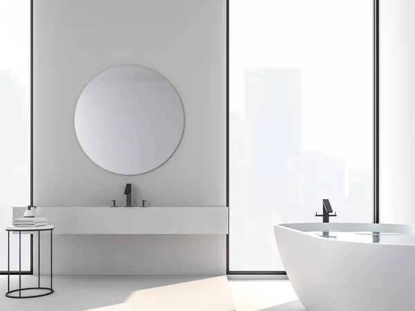 Şehir görünümü 3d render, orada en az tarzı banyo beyaz duvar ve zemin, oda büyük pencereler vardır. Güneş ışığı parlıyor odasına.