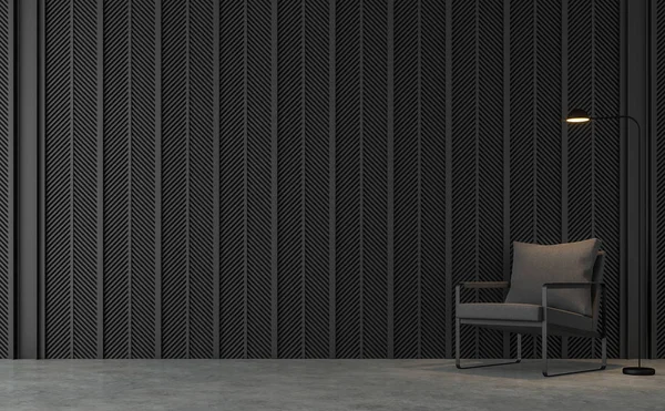 黒鋼とモダンなロフト リビング ルームは のレンダリングをスラットします コンクリートの床 黒鋼のスラットのパターンで飾る壁があります 暗い灰色の布の椅子を完備 — ストック写真