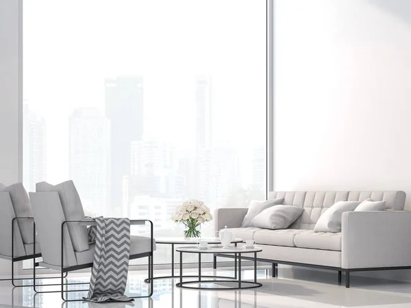 Moderne Hvid Stue Med Udsigt Byen Gøre Dekorere Med Hvidt - Stock-foto