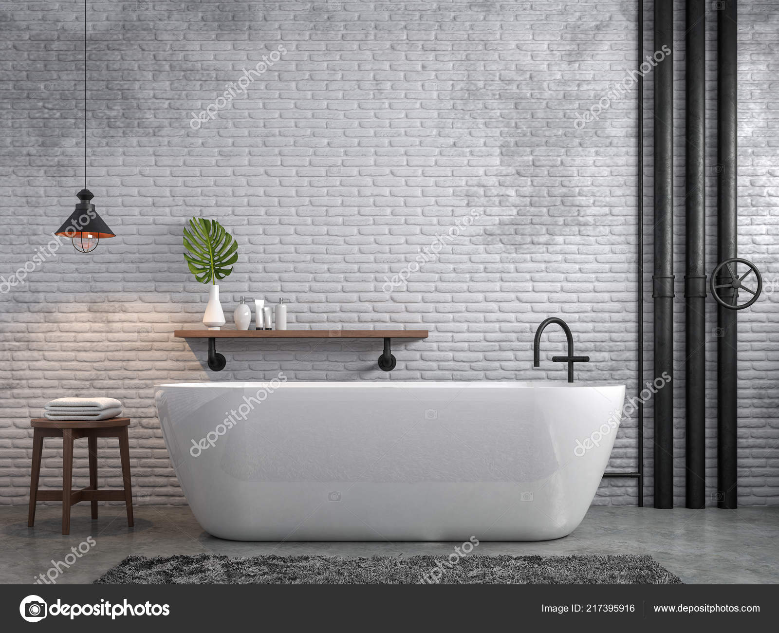Industrial Loft Style Bathroom Render White Brick Wall