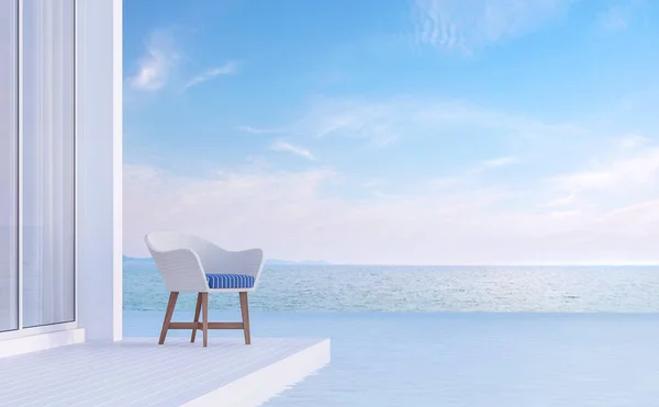 泳池别墅露台海景3D 有白色木地板 配有白色和蓝色的椅子 — 图库照片