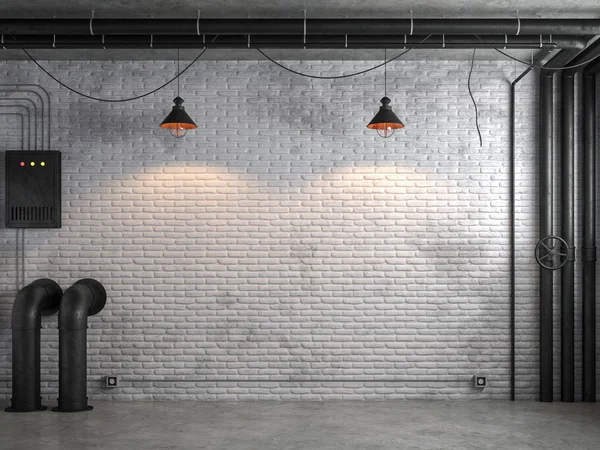 Salle Vide Style Loft Industriel Avec Mur Briques Blanches Rendu — Photo