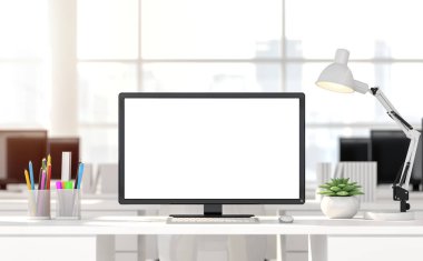 Boş bilgisayar ekran bulanık arka plan 3d render ile. Doğa görmek için Beyaz ahşap pencere dikkat et vardır