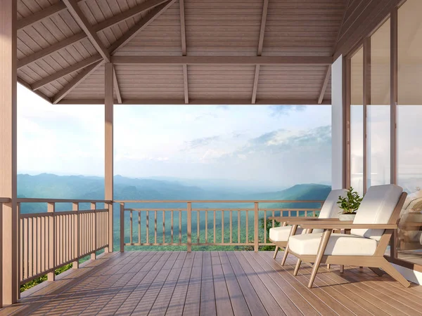 Ahşap ev Teras dağ 3d render, orada ile ahşap zemin vardır. Kumaş ve ahşap mobilyalar ile döşenmiştir. Ahşap korkuluk çevreleyen doğa ve dağ manzaralı vardır
