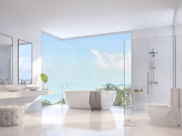 Lüks banyo 3d render, dekore ile beyaz sıhhi tesisat, cam duvar duş, çift lavabo ve küvet yuvarlak, orada deniz manzaralı geniş pencere bakan.