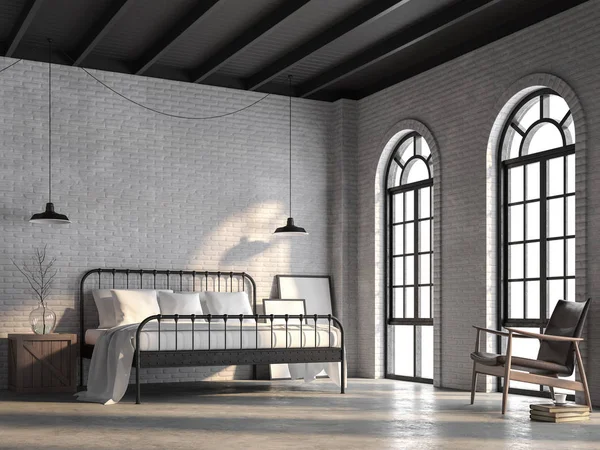 Yatak odası 3d render çatı, beyaz tuğla duvar, cilalı beton zemin ve siyah ahşap tavan bulunmaktadır. Siyah çelik yatak ile döşenmiş, kemer şekli windows güneş ışığı içine belgili tanımlık oda parlayan vardır.