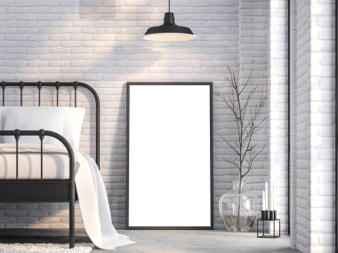 Close up blank picture frame in loft bedroom 3d render,There are white brick wall,polished concrete floor,Furnished with black sreel bed ,Natural light from the side windows. clipart