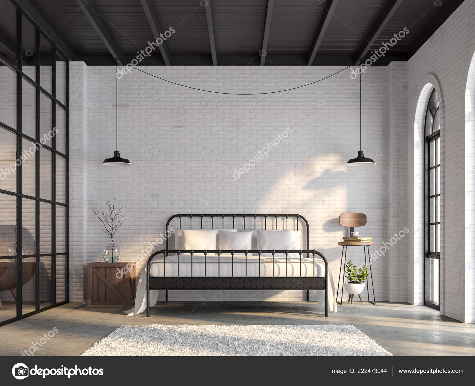 Industrial Loft Bedroom Render White Brick Wall Polished Concrete