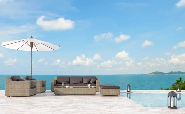 室外游泳池露台起居区3D 有白色大理石地板 配有藤制家具 有明亮的阳光和美丽的海景 — 图库照片