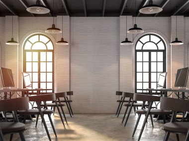 Loft style office interior 3d render,Focus at the wall,There are white brick wall,polished concrete floor.Furnished with dark brown leather and black steel furniture,sunlight shining into the room. clipart