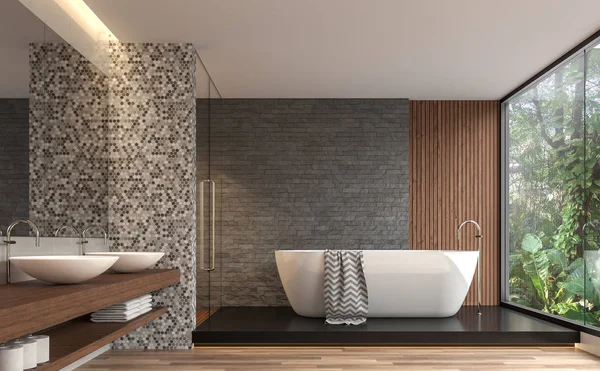 Modern çağdaş banyo 3d render. Gri doğa taş tuğla duvar, ahşap zemin vardır. Oda büyük pencereler vardır. Bahçe Manzaralı görmek isteyen.