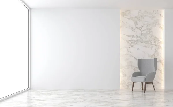 最小的客厅3D 有大理石地板 白色的墙壁 装饰与隐藏的光在墙上 家具灰色的织物椅子 房间里有大窗户看外面看 — 图库照片