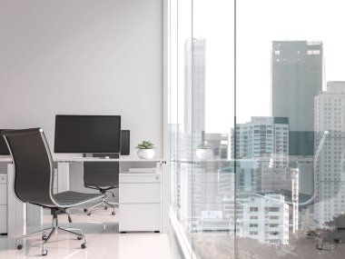 Çalışma tablosu penceresini 3d render tarafından bulunan, beyaz zemin vardır. Siyah ve beyaz mobilyalarla döşenmiştir. Şehir Manzaralı görmek için büyük pencereler dikkat et vardır.