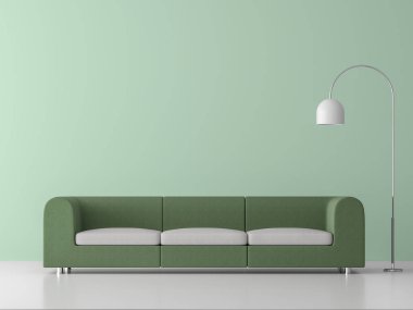 En az tarzı oturma odası 3d render, orada beyaz zemin, hafif yeşil boş duvar, paslanmaz lamba ile dekore yeşil kumaş koltuk ile döşenmiş.