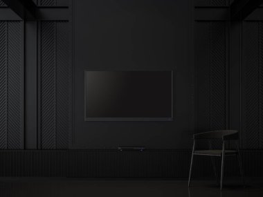 Black room and empty tv screen 3d render.There are black floors, Decorate wall with pattern of steel,Furnished with leather chair. clipart