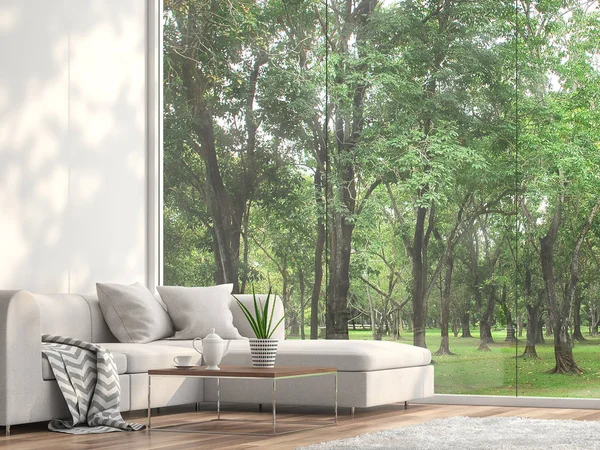 Pencere 3d render bulunan en az kanepe. Odalar ahşap zemin ve beyaz wall.furnished beyaz kumaş mobilyalarla sahiptir. Bahçe Manzaralı görmek isteyen büyük çerçevesiz pencere vardır.