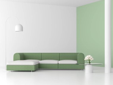 Minimal style living room 3d render,There are white floor,pastel green wall,Furnished with green fabric sofa and glass top table,Decorate with white rose. clipart