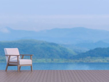 Swimming pool terrace with blurry mountain view background 3d render, There are wood floor.Furnished with white fabric chair,Focus on the chair,The picture is blue tones like the evening time. clipart