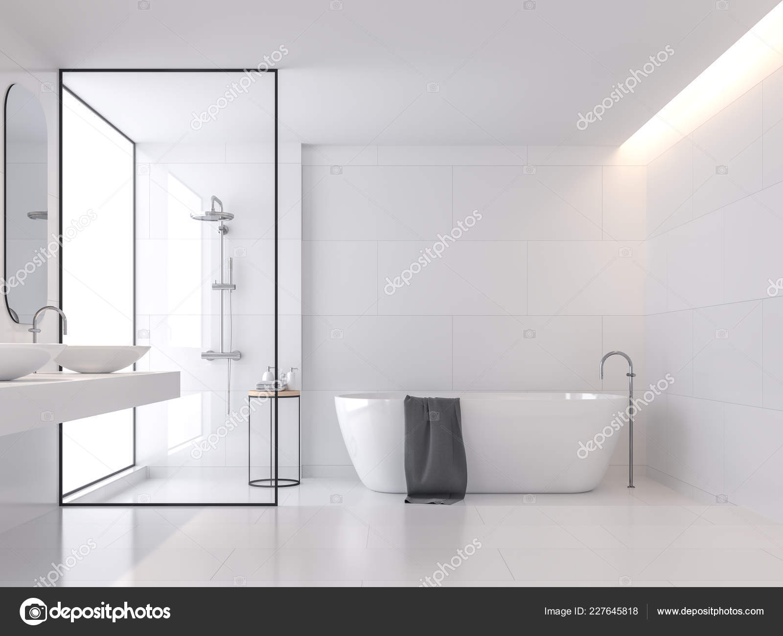 Minimal Style White Bathroom Render, Large White Tile