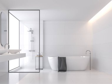 En az stil beyaz banyo 3d render, orada büyük beyaz çini duvar ve zemin vardır. Orada duş bölge için cam bölme var, oda büyük pencereler vardır. Doğal ışık oda aktarılan.