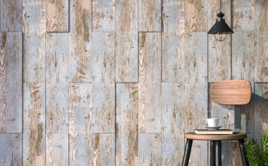 Eski boyalı ahşap tahta 3d render, loft tarzı sandalye, duvara parlayan güneş ışığı ile dekore ile boş duvar.