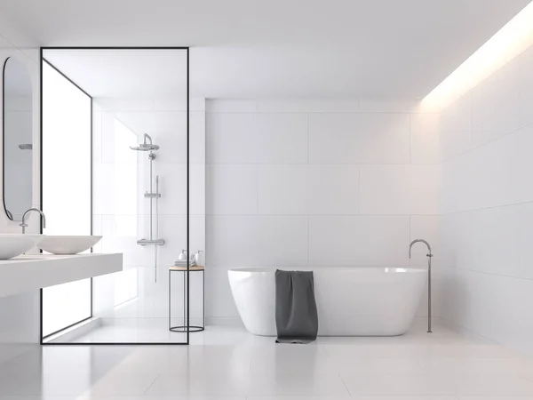 En az stil beyaz banyo 3d render, orada büyük beyaz çini duvar ve zemin vardır. Orada duş bölge için cam bölme var, oda büyük pencereler vardır. Doğal ışık oda aktarılan.