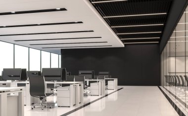 Modern siyah beyaz ofis 3d render, orada beyaz zemin, siyah çelik ve beyaz boya orada tavan, büyük pencereler vardır. Doğal ışık parlar ile iç.