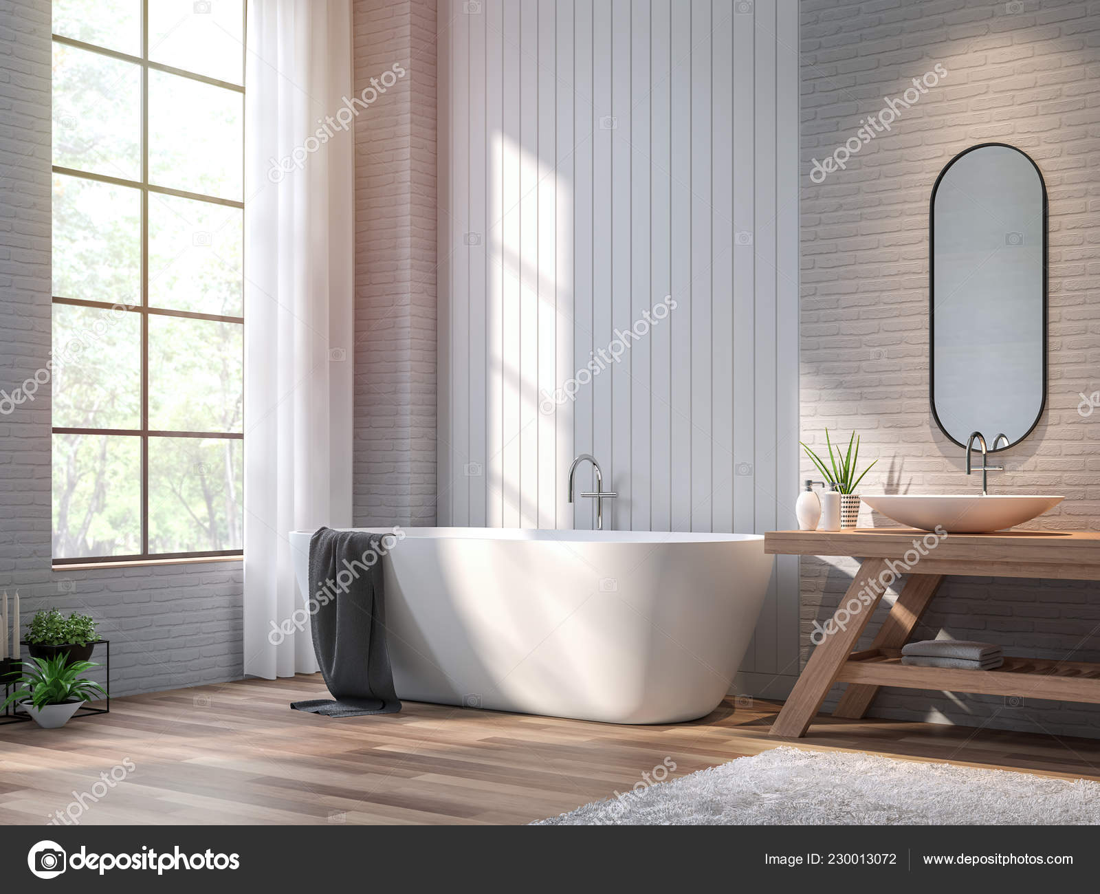 Vintage Bathroom Render Wood Floor White Brick Vertical Wood Plank