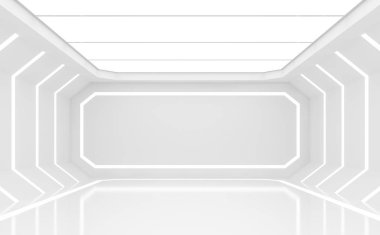 Bilim-kurgu alanı iç 3d render, oda parlak zemin ve gizli ışık duvara bulunmaktadır. Odanın sonuna metniniz için açık kenarlık ile beyaz tahta var.