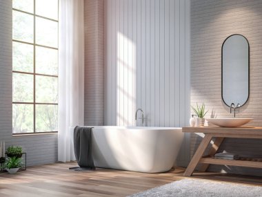 Vintage bathroom 3d render,There are wood floor,white brick and vertical wood plank wall ,Decorate with wooden basin table,The room has large windows. Sunlight shining into the room. clipart