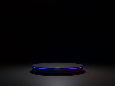 Ürün disply standı siyah arka plan 3d render resim, orada vardır siyah silindir stand süslemeleri ile mavi neon ışık.