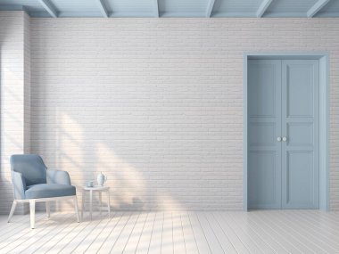 Vintage empty room 3d render,There are white brick pattern wall,wood plank floor,blue pastel color door and ceiling,decorate with blue fabric chair,The room has sunlight shining to the wall. clipart