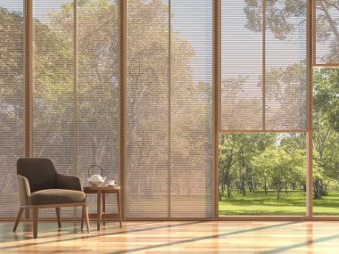 Odalarda modern çağdaş oturma odası 3d render, kahverengi kumaş sandalye ile ahşap floors.furnished, ahşap perde doğa görünümü görmek isteyen ile büyük pencere vardır.