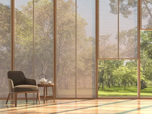 Odalarda modern çağdaş oturma odası 3d render, kahverengi kumaş sandalye ile ahşap floors.furnished, ahşap perde doğa görünümü görmek isteyen ile büyük pencere vardır.