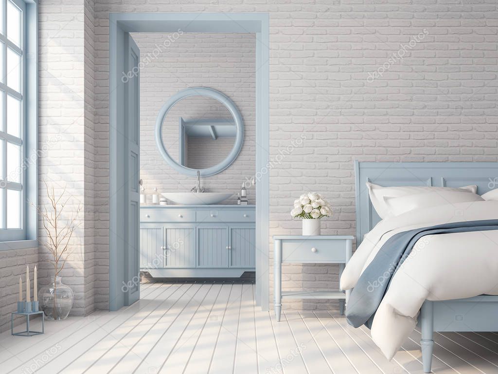 Vintage bedroom and bathroom 3d render,There are white brick pattern wall,wood plank floor,blue pastel color furniture and door,The room has sunlight shining through to inside.