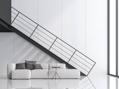 En az yüksek tavanlı Salon 3d render. Beyaz zemin ve duvar, siyah çelik merdiven ve asma kat vardır. Beyaz kanepe ile bitmiş, oda büyük pencereler vardır. Doğal ışık parlar içinde.