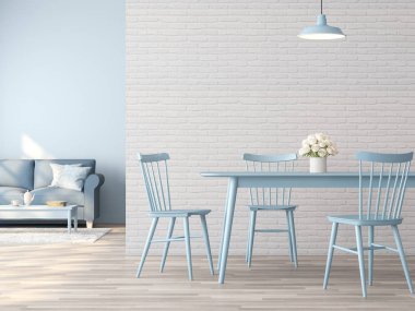 Vintage yemek ve yaşam kavramı, beyaz ve mavi ile iç oda, ahşap zemin, beyaz tuğla duvar 3d render vardır