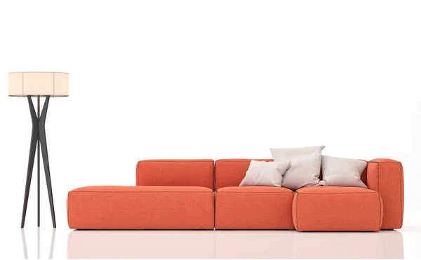 橙色沙发隔离在白色背景3D 沙发和灯上有剪裁路径 — 图库照片