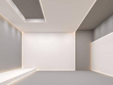 Boş oda modern alan beyaz ve gri öğe 3d render ile. Led strip ışık ile süsleyin