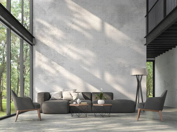 Yüksek tavan loft oturma odası 3d render. Orada beyaz tuğla duvar, cilalı beton zemin ve siyah çelik yapı, Doğa, Odaya parlayan güneş ışığı görmek için büyük pencereler dikkat et vardır.