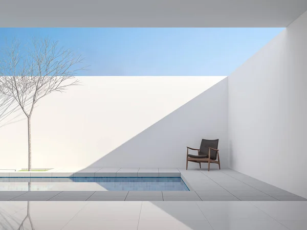 最小的白色风格的泳池别墅3D 从客厅到泳池露台的看法 有灰色瓷砖地板 装饰与深棕色皮革椅子 明亮的阳光照进里面 — 图库照片