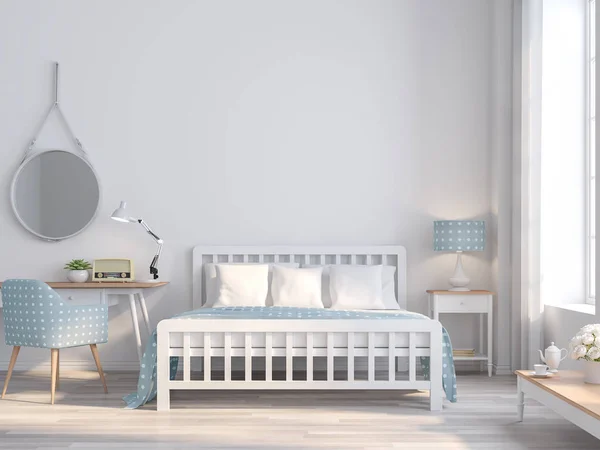 White bedroom vintage style for teenage idea 3d render.The Rooms have  wooden floors and white empty walls.furnished with blue fabric furniture,There are large window sunlight shining into the room.