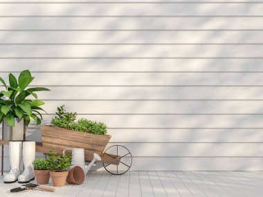 Outdoor terrace with garden equipment  3d render,There are empty white wood plank wall and floor,Sunlight shining to the wall with tree shadow. clipart
