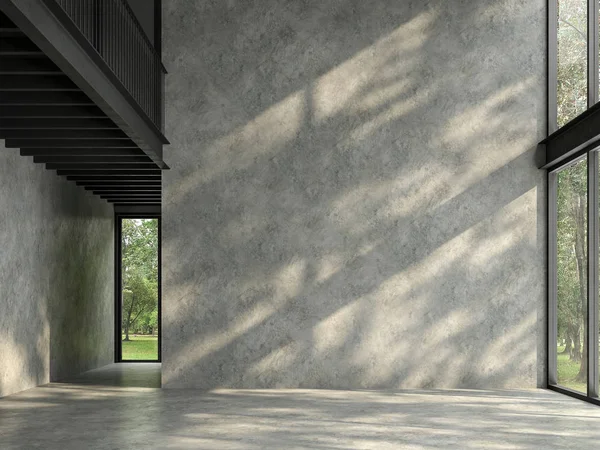 Çatı alanı boş oda doğa görünümü 3d render, orada ile beton zemin cilalı ve duvar, siyah çelik yapı, orada doğa, Odaya parlayan güneş ışığı görmek için büyük pencereler dikkat et vardır.