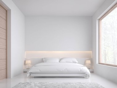 Basit tasarım yatak 3d render, orada beyaz zemin ve duvar vardır. Beyaz yatak seti ile döşenmiş. Büyük ahşap çerçeve penceresi bakan doğa görünümü vardır.