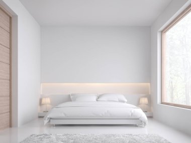 Simple design bedroom 3d render,There are white floor and  wall.Furnished with white bed set.There are large wood frame window overlooks to nature view. clipart